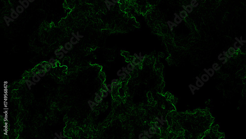 Dark abstract background featuring glowing green electric veins and smoky patterns on black surface, creating a mysterious and futuristic digital energy texture with neon fractal flow effects