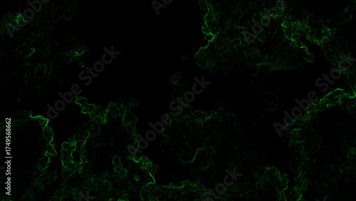 Dark abstract background featuring glowing green electric veins and smoky patterns on black surface, creating a mysterious and futuristic digital energy texture with neon fractal flow effects