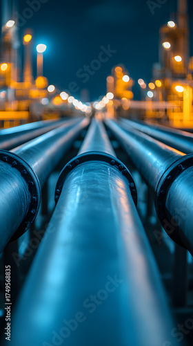 Nighttime View of Oil Pipeline at Industrial Refinery Plant  