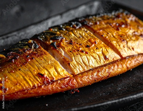 Close-up Appetizing Food Photography of Grilled Fish Skin with Crispy Charred Marks
