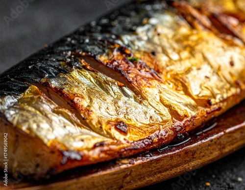 Close-up Appetizing Food Photography of Grilled Fish Skin with Crispy Charred Marks

