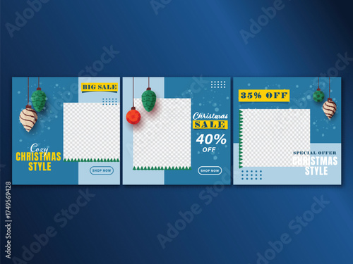 Christmas Sale Social Media Post Template Set with Image Placeholder in Png and Blue Theme.