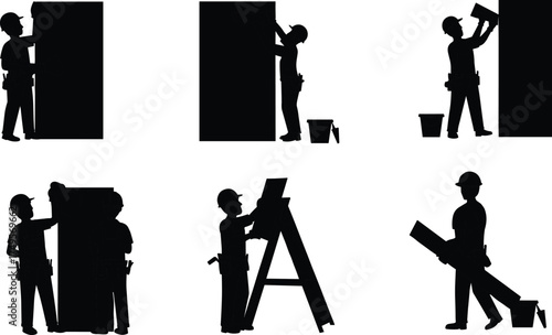 Silhouette of construction workers plastering and painting walls, renovation process, house maintenance, teamwork on ladder, professional home improvement and building repair concept
