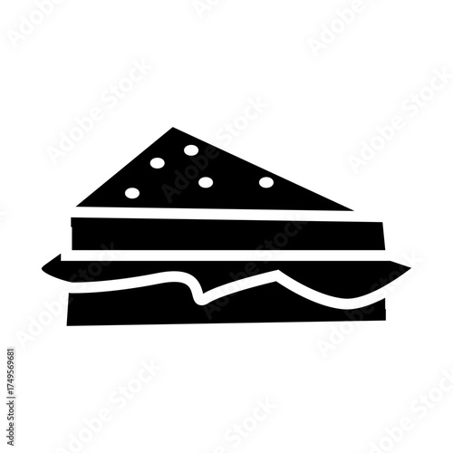 Simple black silhouette of a layered sandwich with cheese and toppings, flat vector design.
