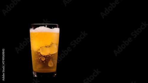 Cold beer glass with fresh liquid and bubble isolated on black background