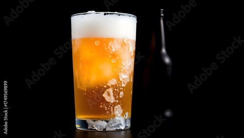A refreshing, cold pint of golden lager with white foam isolated on a dark background