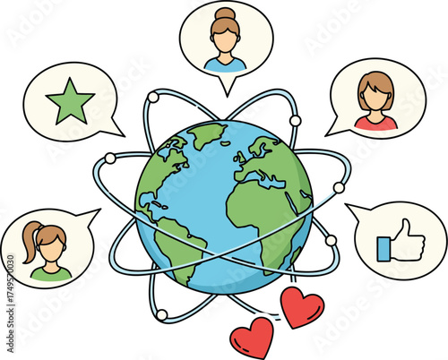 Global community connected digitally through online social media interaction and networking platform