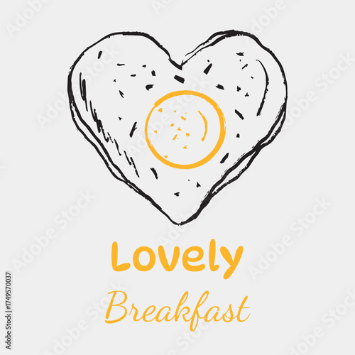 Hand drawn fried eggs breakfast. Vector sketch illustration in playful crayon style. Heart-shaped toast with fried egg and yellow Lovely Breakfast text for food, love, cafe menu