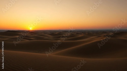 Desert Sunset Serenity - Golden Dunes and Tranquil Horizon.