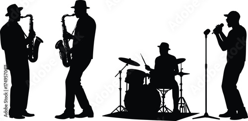 Silhouette of jazz band musicians performing on stage with saxophones, drums and microphone, live concert music show, entertainment and creativity concept