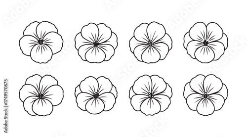 Collection of eight delicate hand-drawn pansy flower heads in outline style for artistic design vector