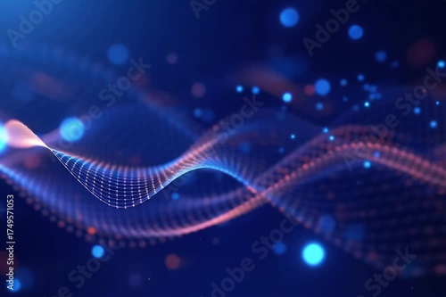 Abstract Data Wave Visualization with Glowing Particles and Blue Background.