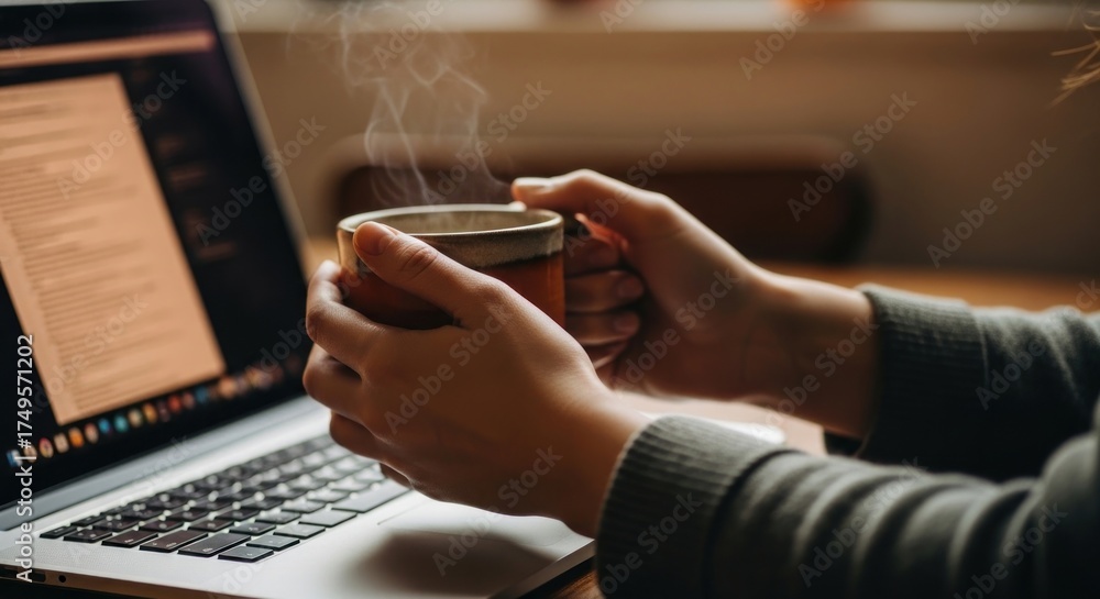 Fototapeta premium Cozy Home Office: Hands Holding Steaming Coffee Mug with Laptop