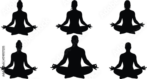 Silhouette of people practicing yoga in lotus position, meditation and relaxation concept, mindfulness exercise, peaceful sitting pose illustration design