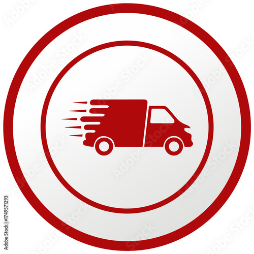 Delivery truck transports package fast shipping in a red circle on a white background indicating service