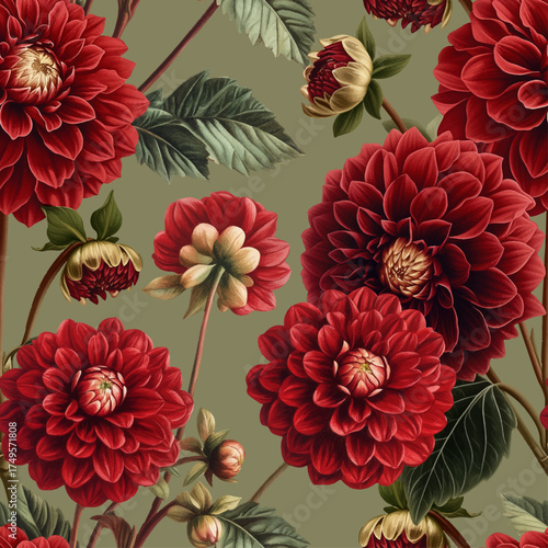 Seamless vector pattern with red dahlia flowers isolated on a changeable background. Vintage painting style illustration.