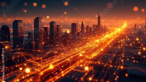 Futuristic Cityscape at Night with Glowing Data Streams.
