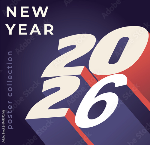 Bold 2026 typography with red shadows on dark purple background, modern geometric style emphasizing New Year celebration and design collection. Vector illustration