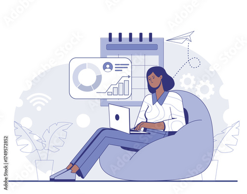 Woman working on laptop while sitting on bean bag, flat graphic style, abstract background with calendar and charts, concept of remote work. Vector illustration