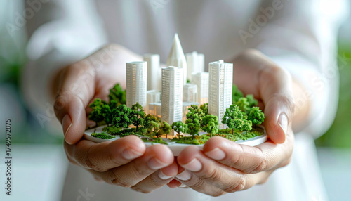 Miniature Metropolis: A model city, complete with buildings and lush greenery, cradled in a pair of hands. A tangible representation of urban planning and sustainable development