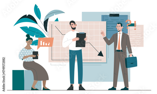 Businesspeople discussing financial loss with declining chart, modern flat graphic style, on a white background. Concept of economic crisis. Vector illustration