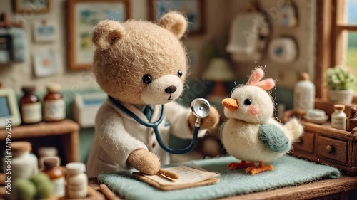 Teddy bear doctor examining toy chick in medical setting
