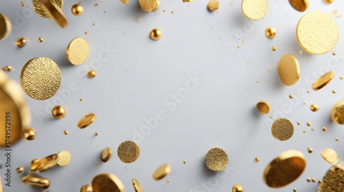 Elegant gold and metallic confetti spread on a smooth light gray background with reflective shiny and matte circular and irregular shapes creating a festive celebration vibe