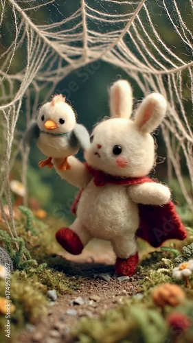Handmade bunny and bird characters in a forest setting with natural lighting