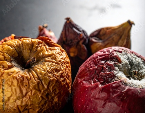 Art Food Close-up of Decaying Overripe Fruit with Microscopic Mold and Wrinkles
