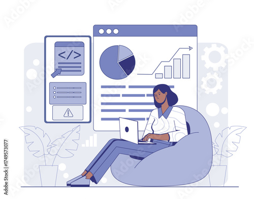 Woman sitting on bean bag using laptop, with charts, graphs, and code interface in background, flat style on white background. Concept of data analysis. Vector illustration