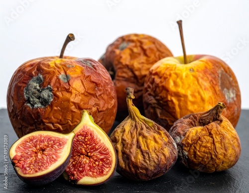 Art Food Close-up of Decaying Overripe Fruit with Microscopic Mold and Wrinkles
