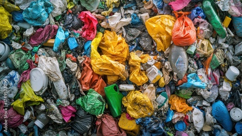 Colorful pile of assorted single-use plastic waste including wrappers bottles caps and bags in an urban setting emphasizing pollution and environmental concerns