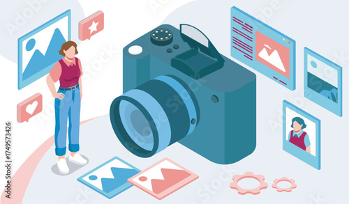 A woman stands beside a large digital camera surrounded by icons, social media symbols, and interface elements on a light background. Concept of graphy and media sharing. Vector illustration