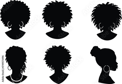 Silhouette set of women with natural curly and afro hairstyles wearing hoop earrings, beauty fashion illustration, modern feminine hairstyle diversity concept