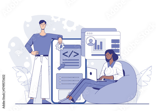 Two developers collaborating on software development, flat graphic style with a tech-themed background, concept of teamwork and coding. Vector illustration