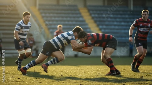 Rugby Players Compete For Ball During Match Golden Hour Lighting Dynamic Action