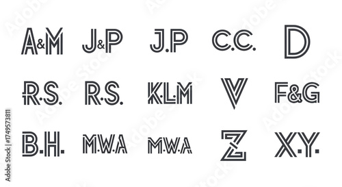 A collection of fifteen stylized initial letter combinations arranged in rows, presented in a clean, minimalist black and white design.
