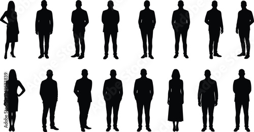Silhouettes of business people standing, men and women in formal poses, corporate professionals, teamwork, leadership concept, business lifestyle vector illustration set