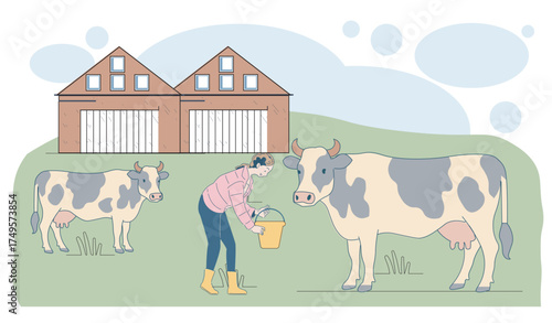 Woman milking a cow on green farm field with another cow and barn buildings in background, cartoon style, blue sky with clouds. Concept of agriculture. Vector illustration