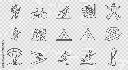 Collection of outline icons depicting various outdoor activities including hiking, cycling, skiing, swimming, wingsuit flying, kayaking, climbing, camping, s...