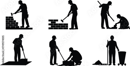 Silhouettes of construction workers building brick walls, laying foundations, cleaning, and preparing materials, teamwork in industrial construction and maintenance site