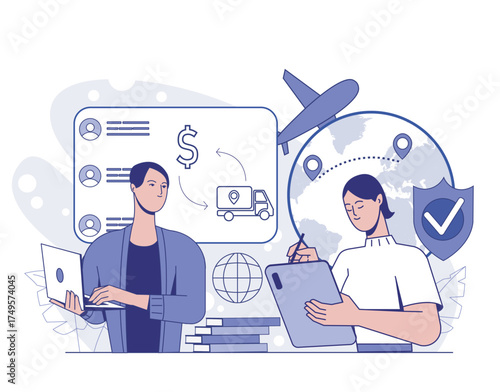 Two people planning logistics with a laptop and clipboard, surrounded by icons of global delivery, security, and finance on a white background. Vector illustration