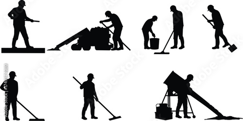 Silhouettes of construction workers performing different tasks, using tools and machinery, building process, teamwork and labor concept, industrial work illustration