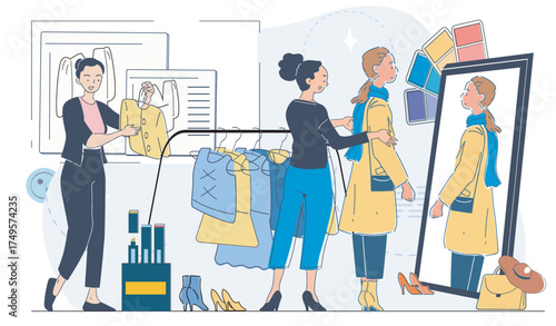 A fashion stylist helping a woman choose clothes and accessories in a boutique, showing her outfit in a mirror, with color palettes. Vector illustration