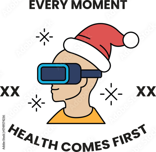 A man wearing a Santa hat and glasses is wearing a virtual reality headset