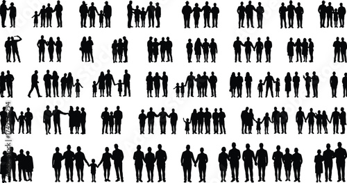 Silhouettes of diverse family groups standing together, parents and children figures, black people outline collection, community unity concept, family relationship illustration design