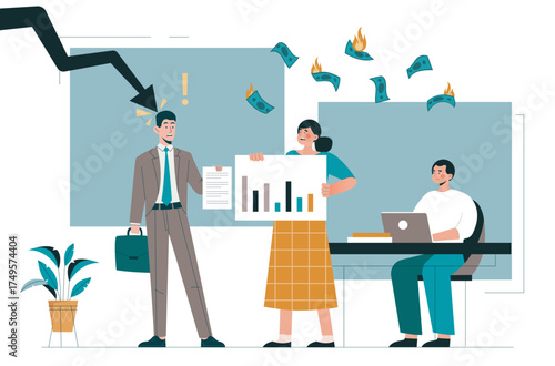Office scene with worried employees showing a falling chart, burning money, and a stressed businessman under a downtrend arrow, on a white background. Vector illustration