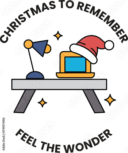 A Christmas themed poster with a laptop and a lamp on a table