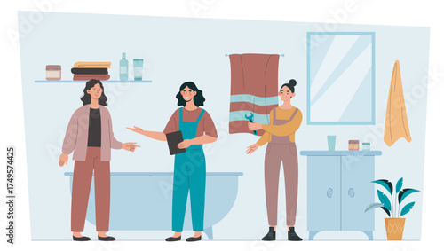 Three women renovating a bathroom, one holding a wrench, another with a clipboard, in modern flat style on a light blue background. Concept of teamwork. Vector illustration