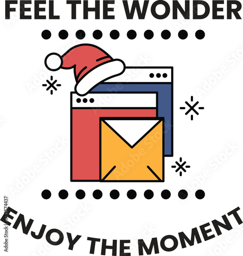 A poster with a Santa hat on it and the words "feel the wonder" written below it